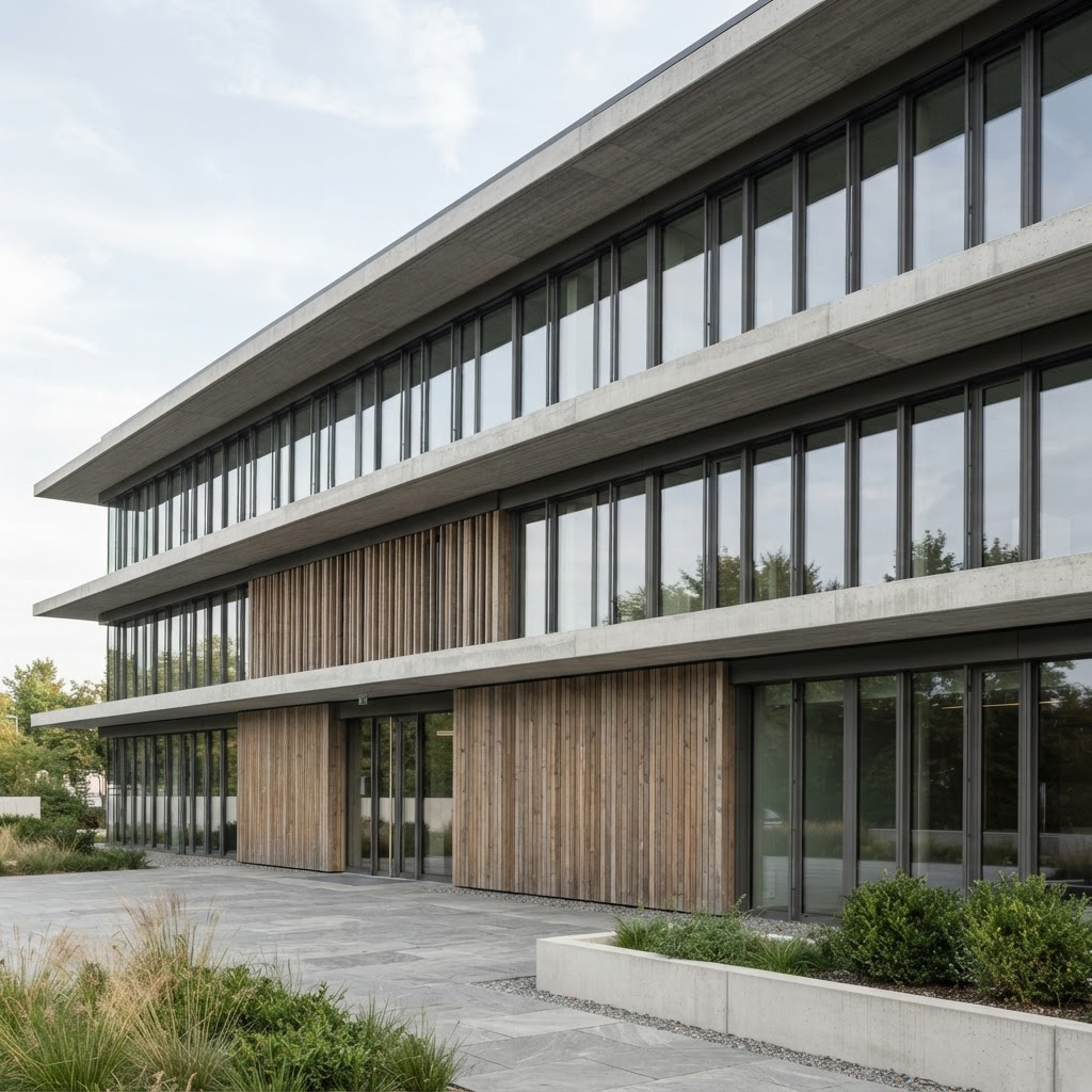 Ruhige, moderne Fassade eines mittelständischen Unternehmenssitzes