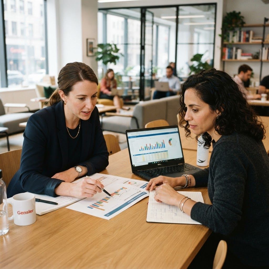 Zwei Beraterinnen und Berater von HIVAL arbeiten gemeinsam an einer ESG-Datenstruktur