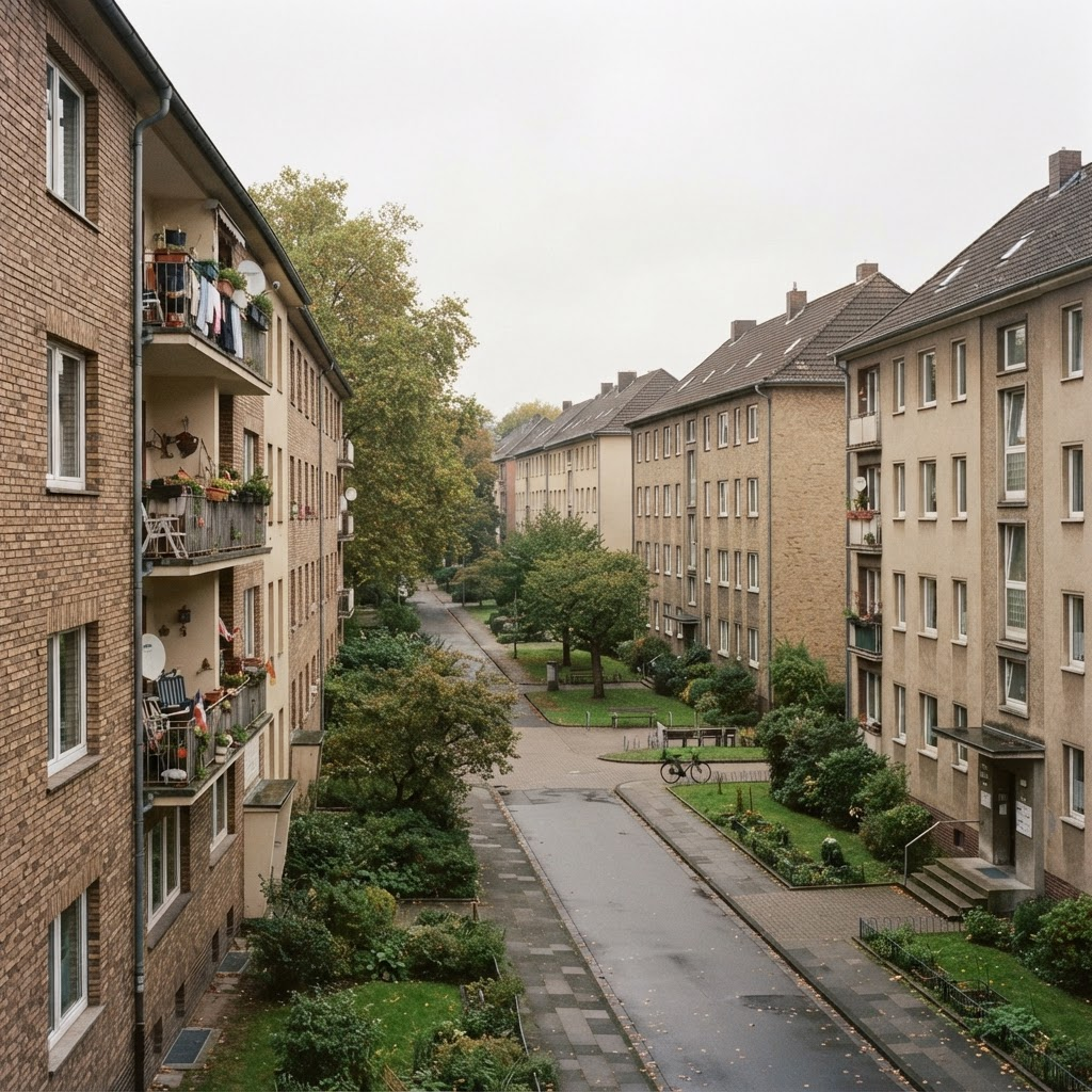 Wohnquartier mit mehrgeschossigen Bestandsgebäuden und begrünten Freiflächen